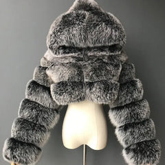Plush faux fur short jacket with hood