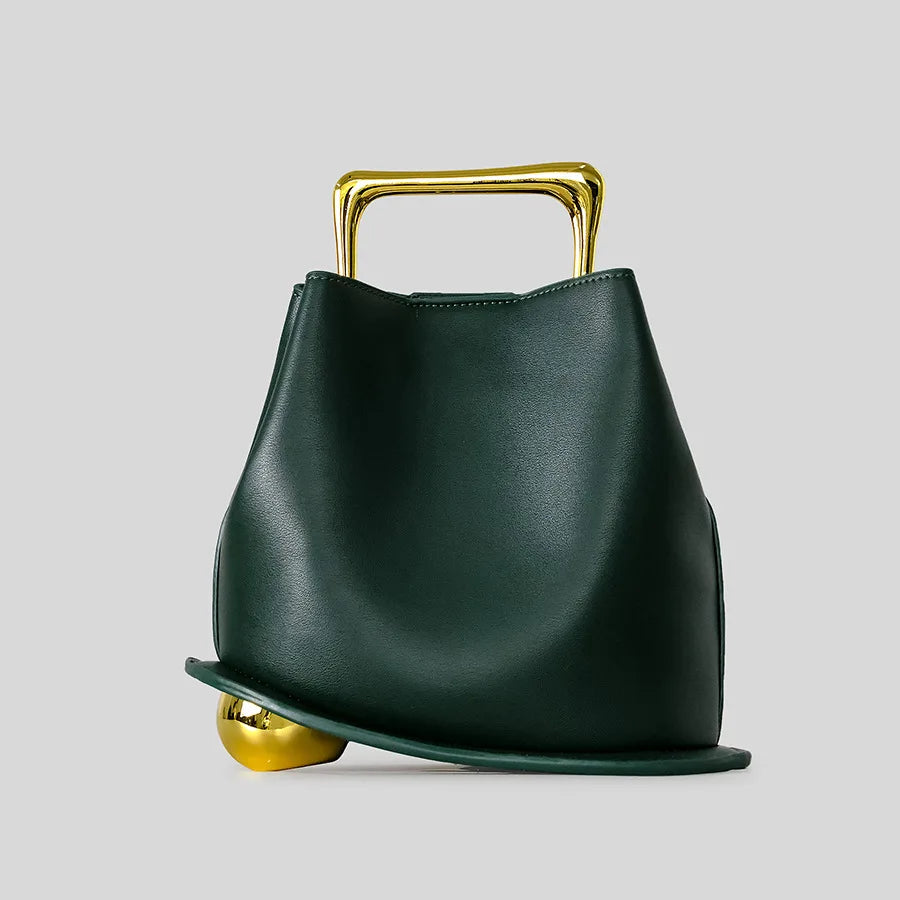 Faux leather bucket bag with modern curved silhouette and clean finish