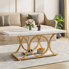 47 inch faux marble coffee table with storage shelf in living room
