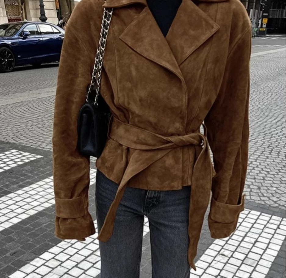 Faux suede double breasted coat in brown for fall and winter