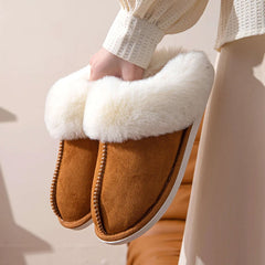 Khaki faux suede furry home slides for women