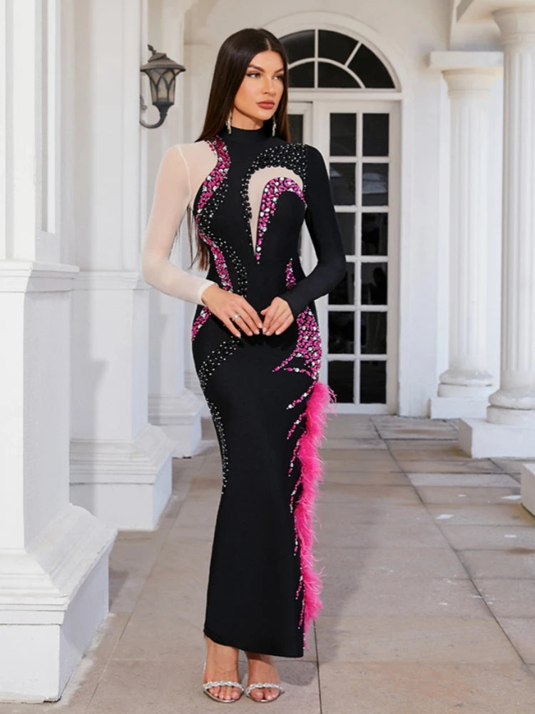 Feather split knee-length bandage gown with diamond appliques