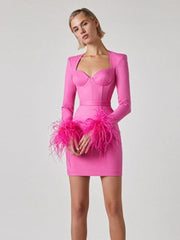 A model displaying  a Pink long sleeve mini bodycon dress with feathers on the sleeves.