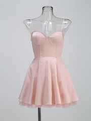 Structured pink party dress with slim bodice and flared skirt- mannequin