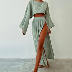 Resort style linen crop top and maxi slit skirt outfit