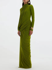 High neck long sleeve maxi dress with asymmetric gathered skirt