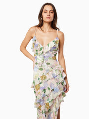 Floor-length floral dress with slit shown for elegant evening wear