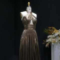 Sleeveless floor-length evening dress with natural waist and A-line drape