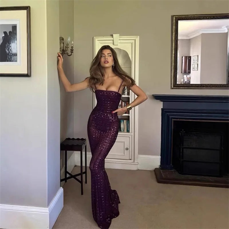 Floor length purple sparkle dress designed for formal occasions