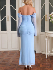 Ruched floor-length dress with draped neckline and fitted shape