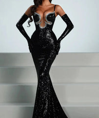 Sequined black tie event gown with matching gloves