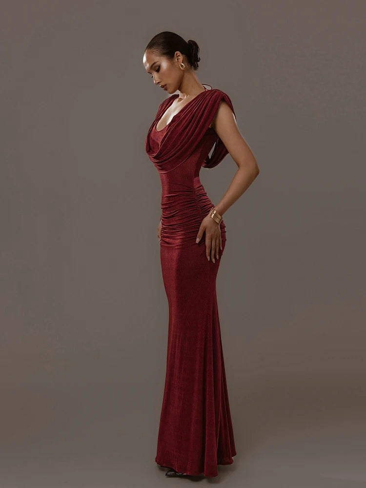 Floor-length velvet ruched evening gown for women