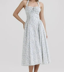 White and blue floral halter midi dress with bow detail