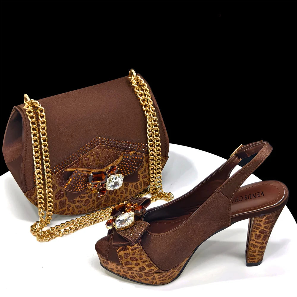 Coffee color matching peep-toe heels and clutch 