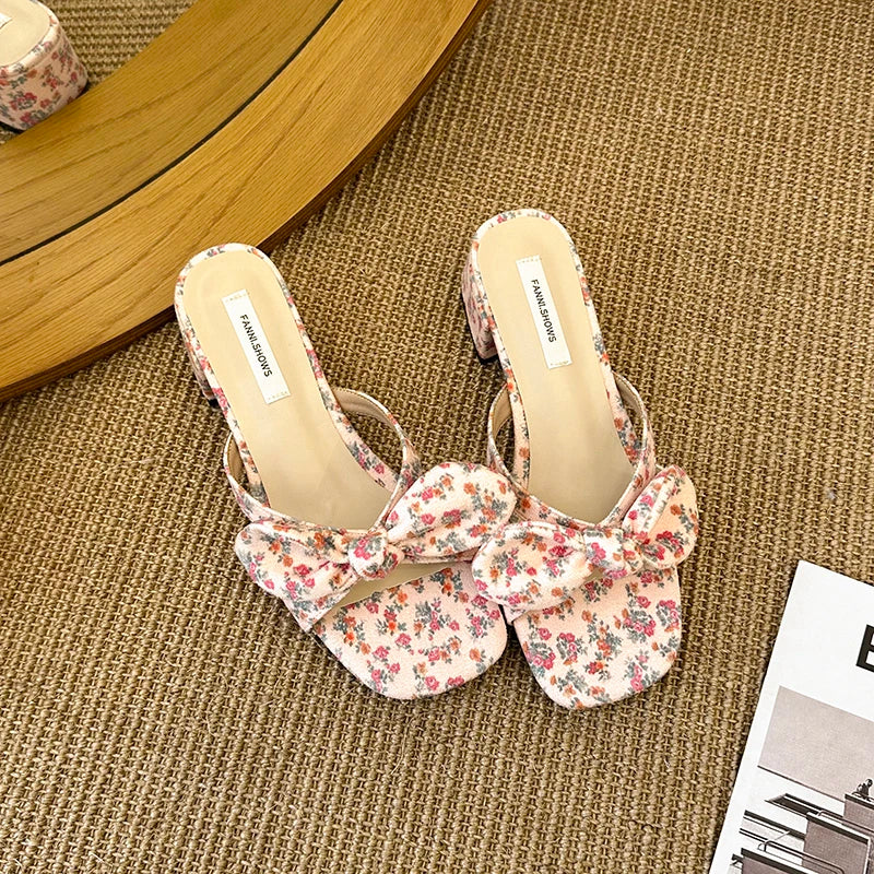Women’s floral bowknot open toe slides with square heel