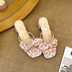 Women’s floral bowknot open toe slides with square heel
