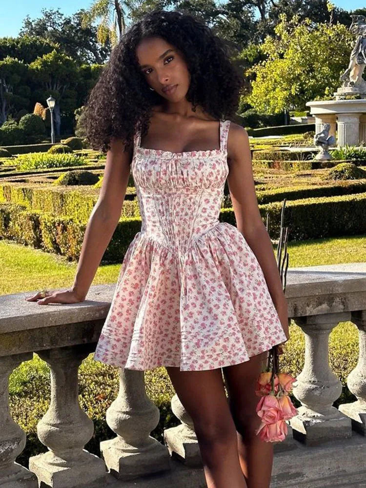 Floral print corset mini dress with open back and spaghetti straps