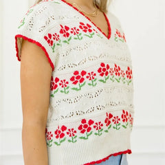 A close-up of the floral knit pattern and texture of the sweater vest.