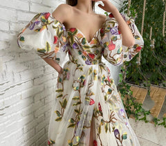 Floral mesh prom dress with princess sleeves