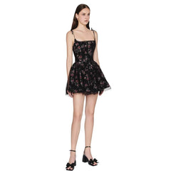 Floral mesh strapless mini dress with ruffle accents for summer