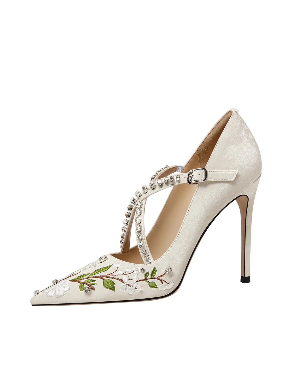 Floral party stiletto heels for women with crystal cross straps