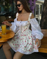 Floral patchwork mini dress with puff sleeves and square neckline