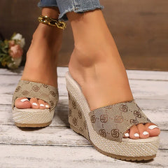 Women’s khaki floral print wedge sandals with peep toe design