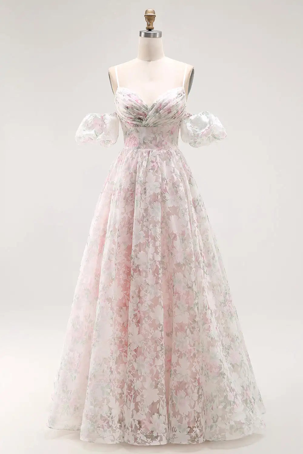 Floor-length floral tulle A-line prom gown with V-neckline
