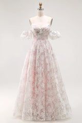 Floor-length floral tulle A-line prom gown with V-neckline
