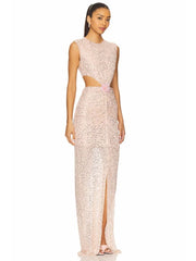 Flower hollow out evening gown with rhinestone details in apricot