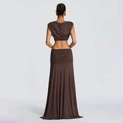 Pleated maxi skirt from a two-piece set with a smooth draped finish