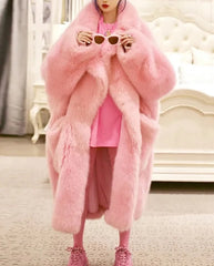 Luxury pink faux fur long overcoat for winter