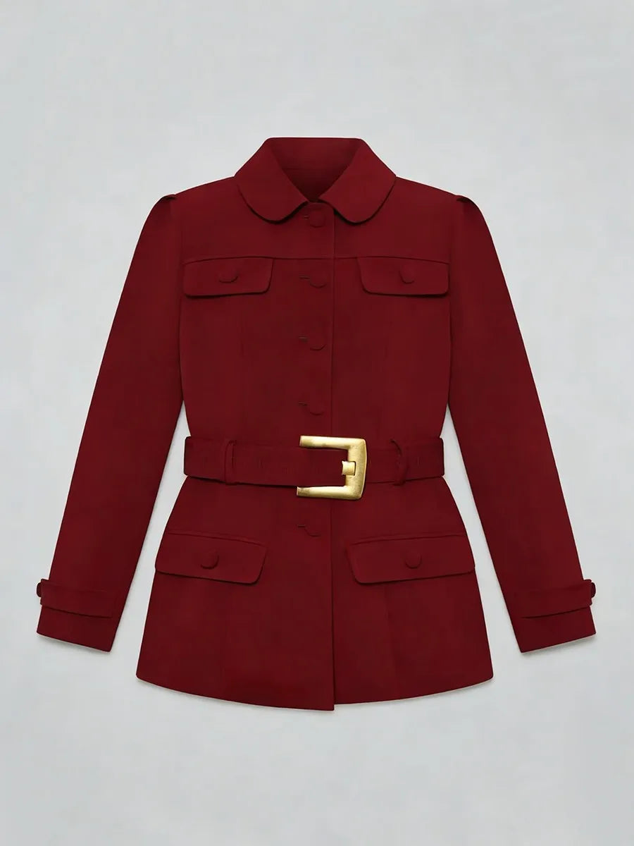 Tailored mini-length blazer dress with statement belt buckle