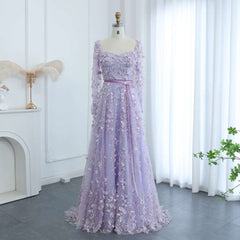 Floor-length chiffon gown with sheer sleeves and appliqués