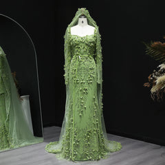 An exquisite formal party dress with a sweeping train and floral accents.