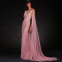 An elegant off-shoulder dress styled for a formal party, highlighting its graceful silhouette.