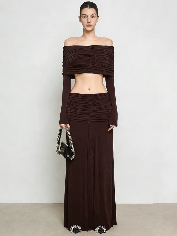 Two-piece formal set with a ruched top and flowing ankle-length skirt