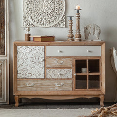 “French country style cabinet with drawers and candles in cozy decor”

