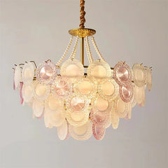 French-inspired pendant light featuring pink and clear glass stones
