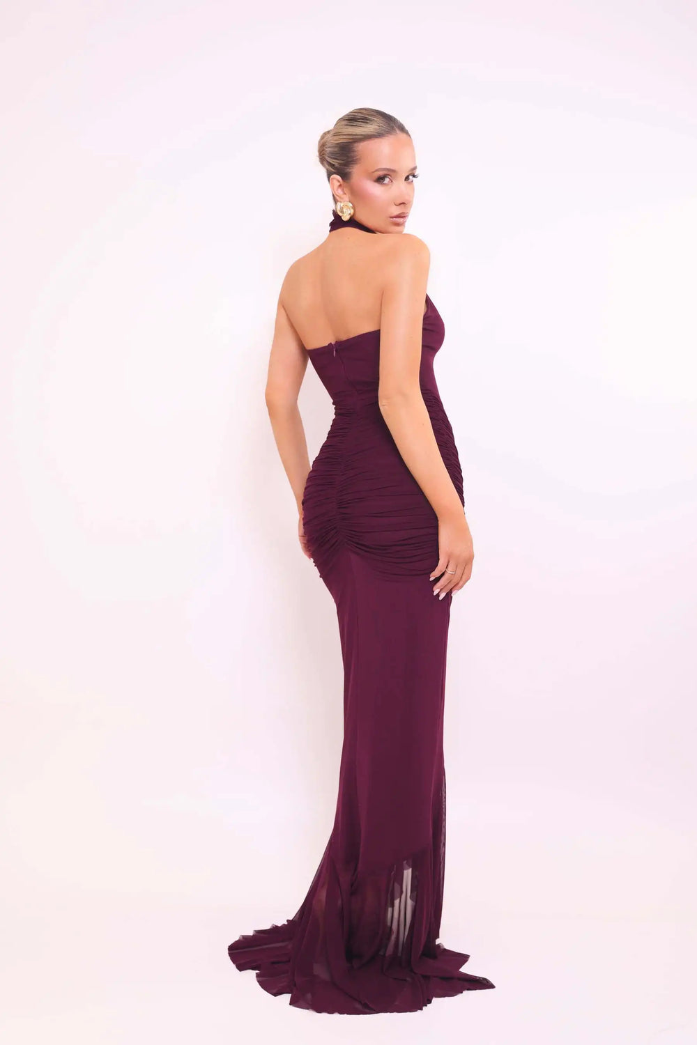 Long sheath dress featuring frill trim detailing