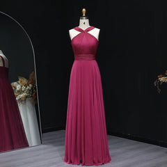 Front view of a pleated bodice floor-length bridesmaid dress with waist sash