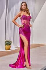 Fuchsia satin strapless mermaid gown with lace embroidery