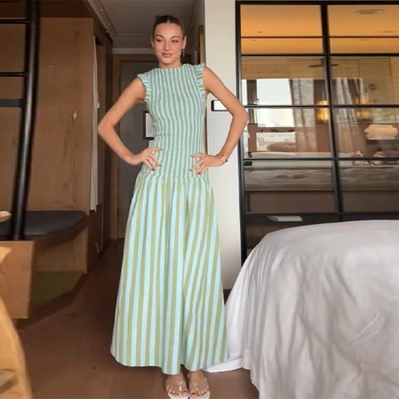 Full view of A-line striped summer maxi dress for everyday wear