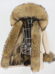 Detail focus on the fur cuff finish and smooth shell fabric, showing a neat sleeve shape designed for comfortable winter layering.