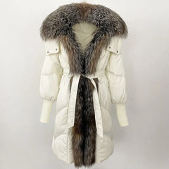 Close view of the hood showing plush fur trim framing the neckline and upper chest area