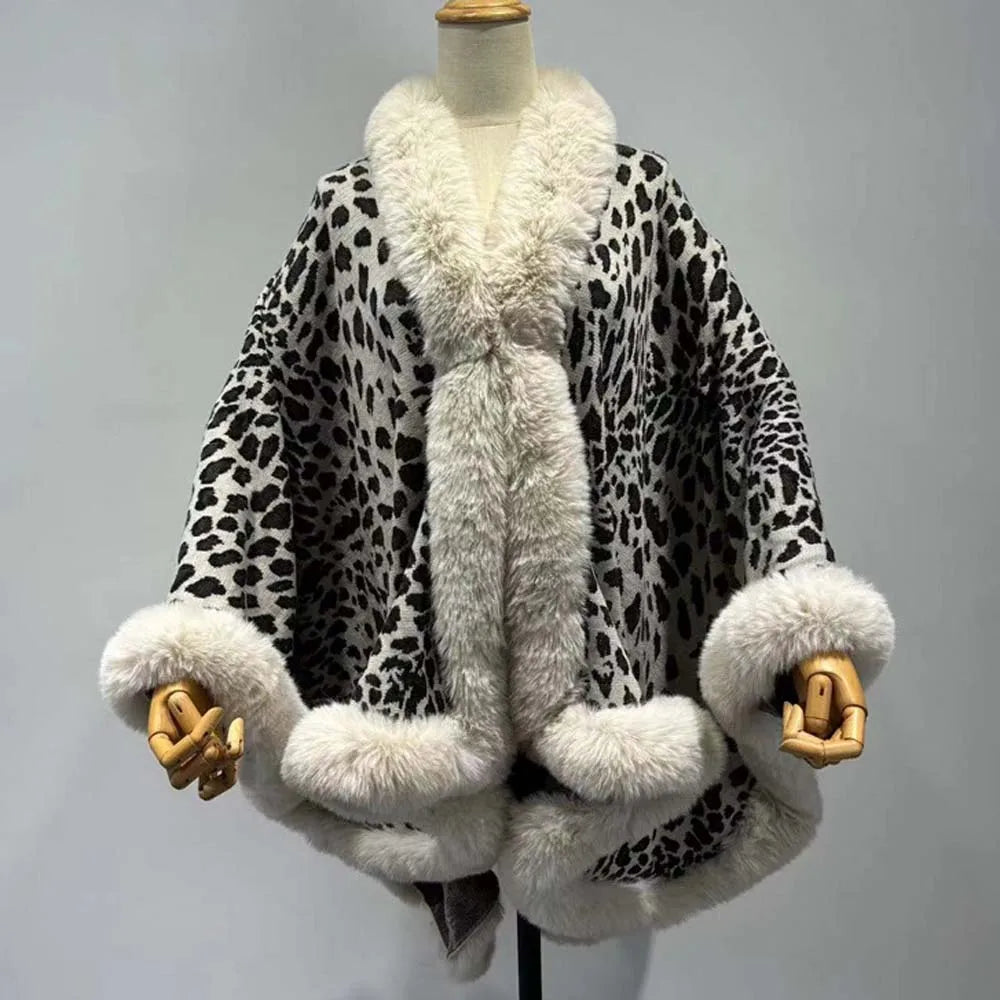 Fur trim poncho cape with batwing sleeves