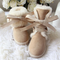 Beige fur waterproof leather ankle snow boots