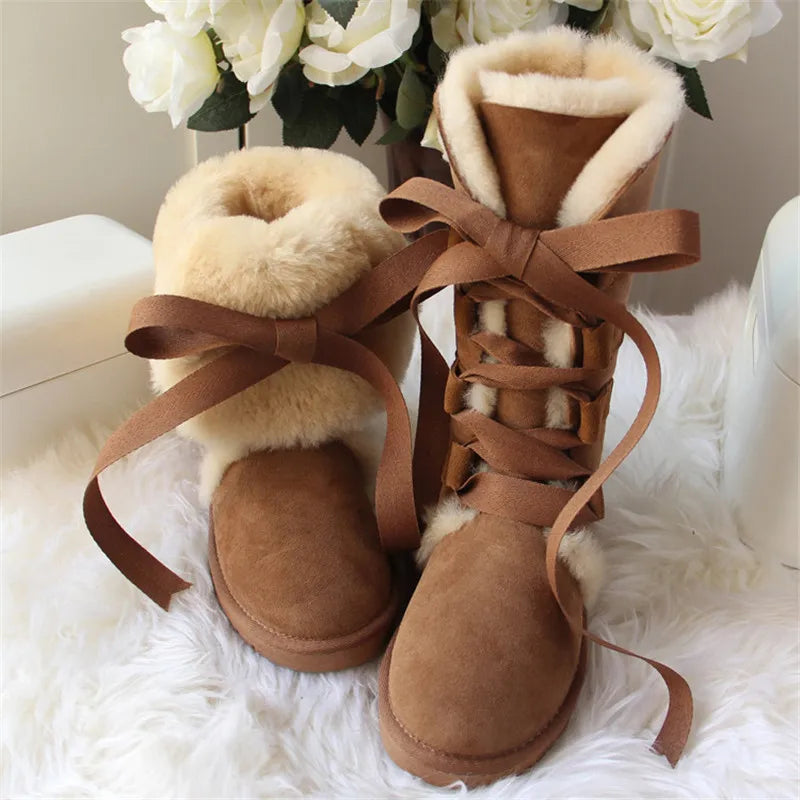 Brown fur wool snow boots with ribbon lace
