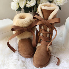 Brown fur wool snow boots with ribbon lace