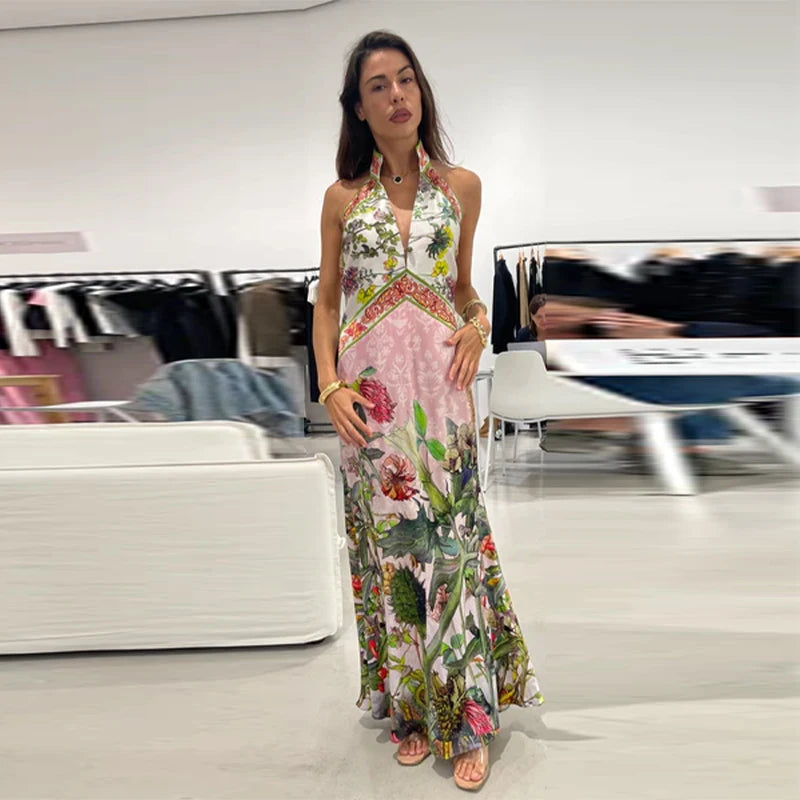 Garden party floral halter maxi dress with bright print